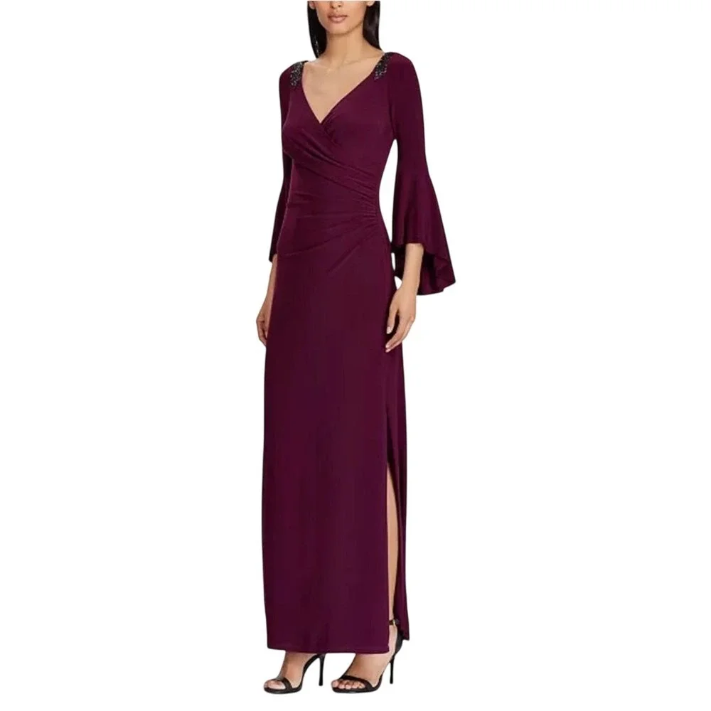 Lauren Ralph Lauren‎ Bell-Sleeve Stretch Jersey Gown Beaded size 4 Wedding New